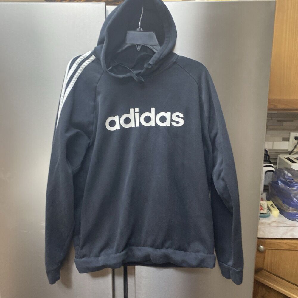 Adidas Men Large Black Pocket Long Sleeve Drawstring Hoodie Sweatshirt